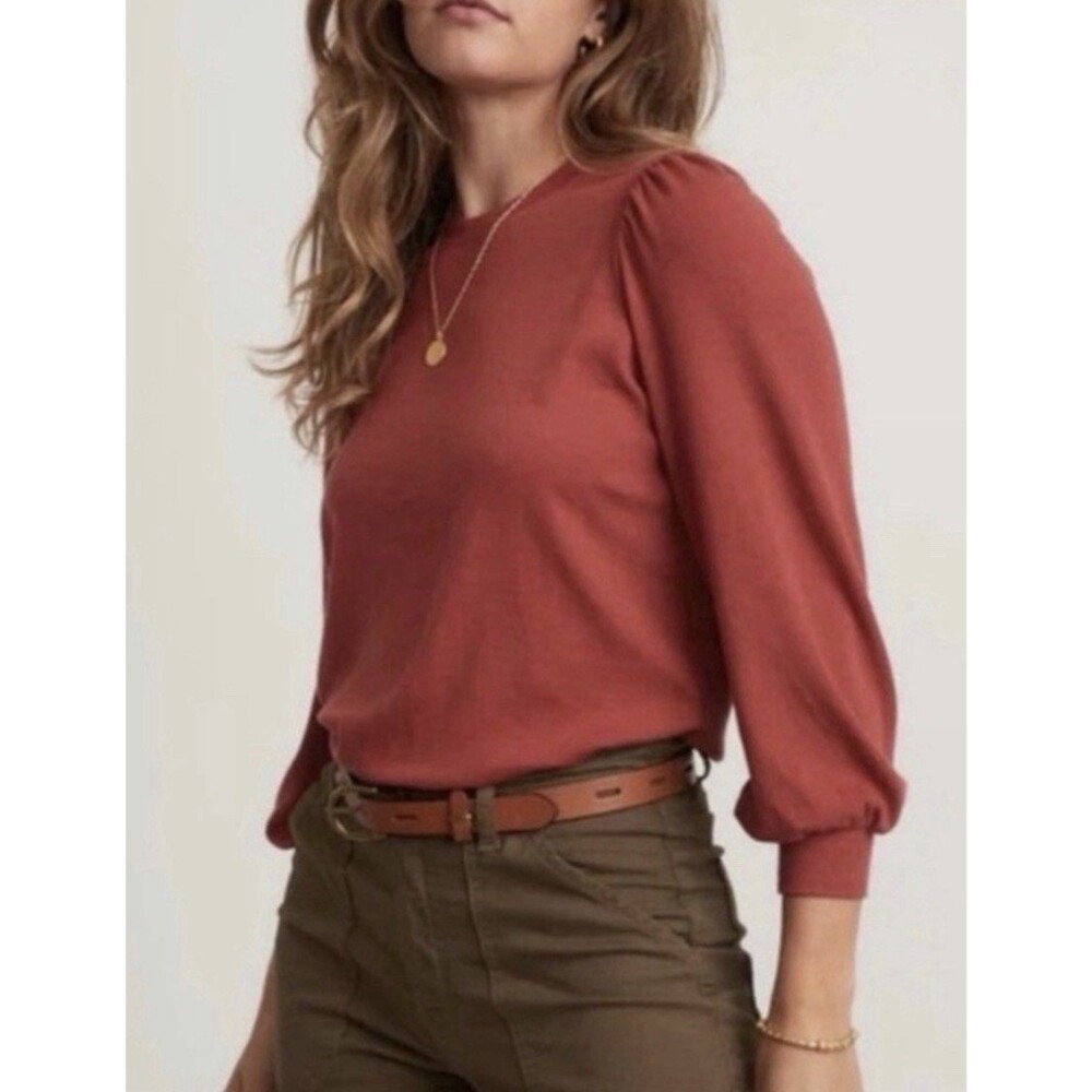 Marine Layer Lexi Rib Women’s Long Puff Sleeve Blouse Top in Ruby XS